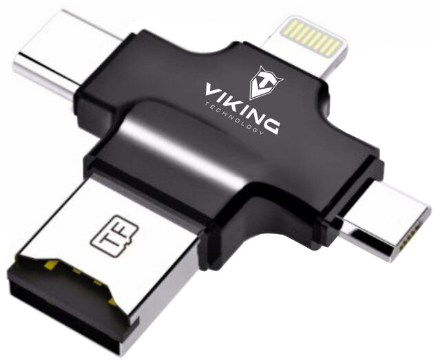 Lexues i kartave të memories Viking OTG 4në1 (Lightning, Micro USB, USB 2.0, USB Tip-C), i zi