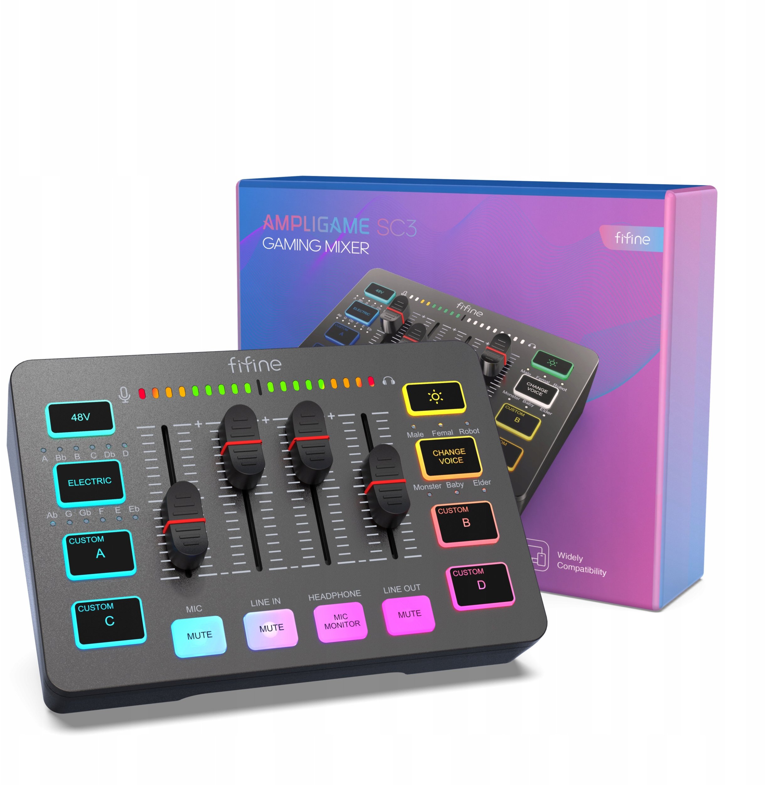 Аудио миксер Fifine Sound Card SC3W, USB интерфејс, 48V, бел