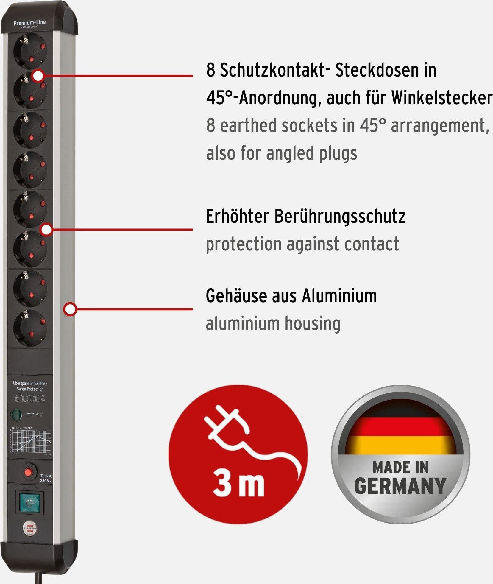 Продолжен приклучок Brennenstuhl Premium Protect Line 1391010800, 8 излези, 3 m, црна