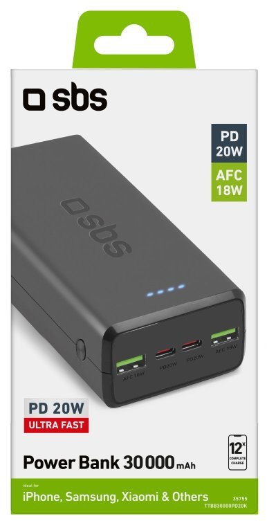 Karikues portativ Sbs 30000mAh, me kabllo karikimi, i zi