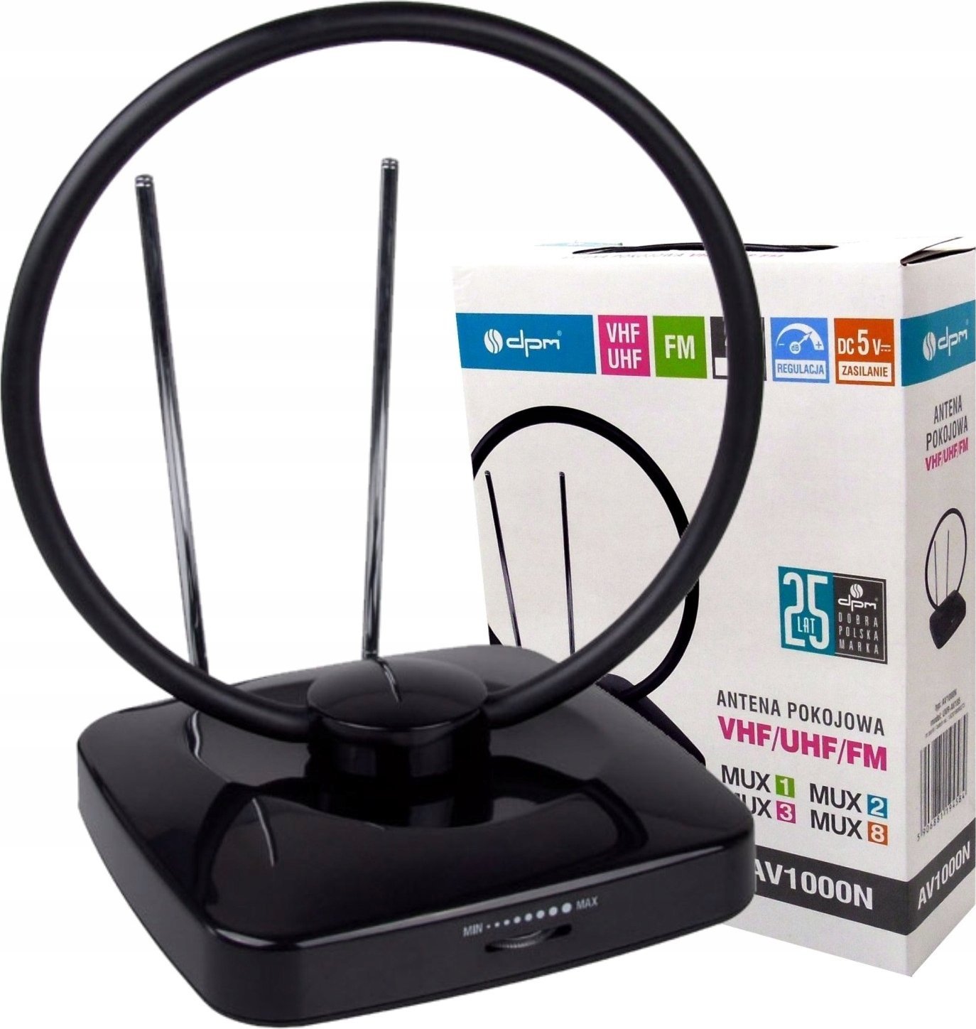 Antena e brendshme DPM AV1000N, DVB T2 FM VHF UHF, 42 dB, filtër LTE, e zezë