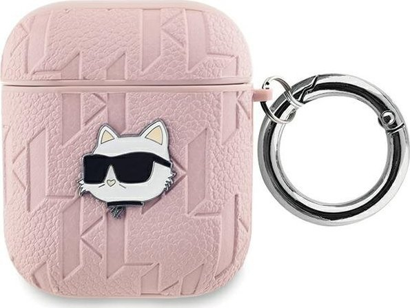 Mbulesë Karl Lagerfeld PU Embossed Choupette Head për AirPods 1/2, silikon, rozë
