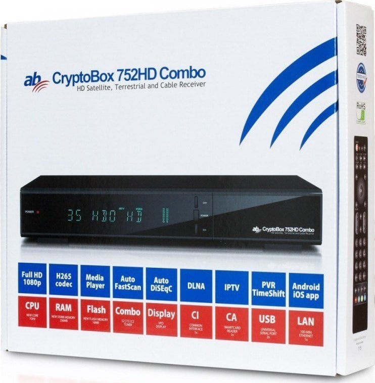 Marrës satelitor AB CryptoBox 752HD Combo, DVB T2 S2 C, Full HD, i zi
