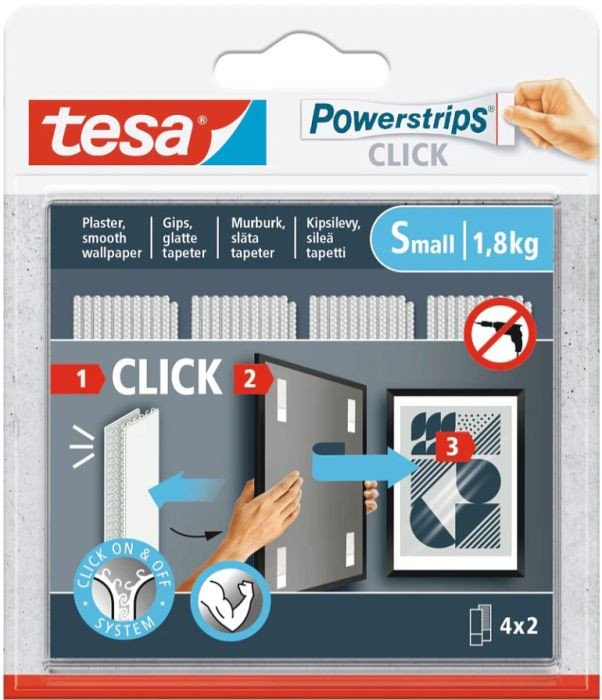 Shirita ngjitës Tesa Powerstrips Click, sistem On Off Click, për korniza dhe dekor muri