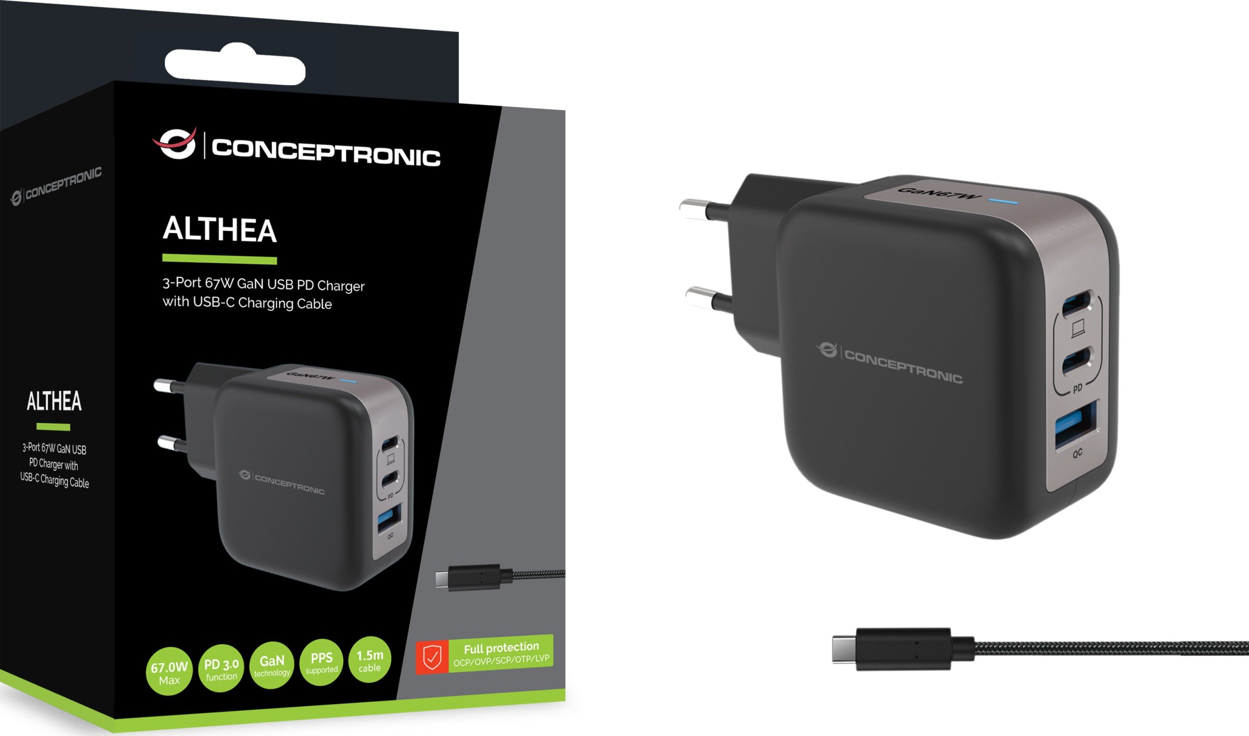 Karikues Conceptronic 3 Port GaN, 67W, USB PD dhe Quick Charge, i bardhë