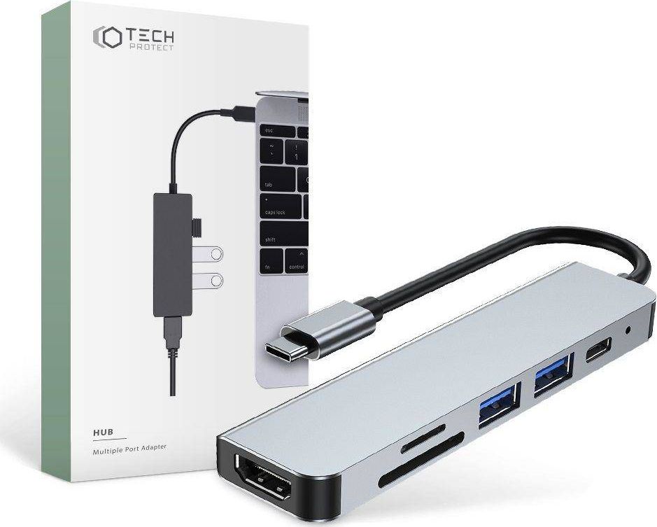 Adapter USB C Tech-Protect V4 6 në 1, HDMI, USB, alumini, gri