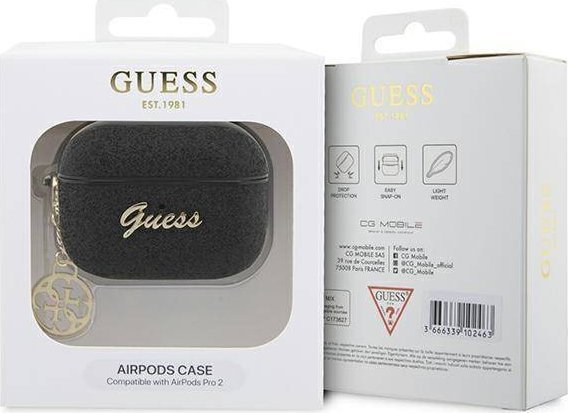 Mbështjellës Guess GUAP2GLGSHK për AirPods Pro 2, poliuretani, Glitter Flake 4G, i zi