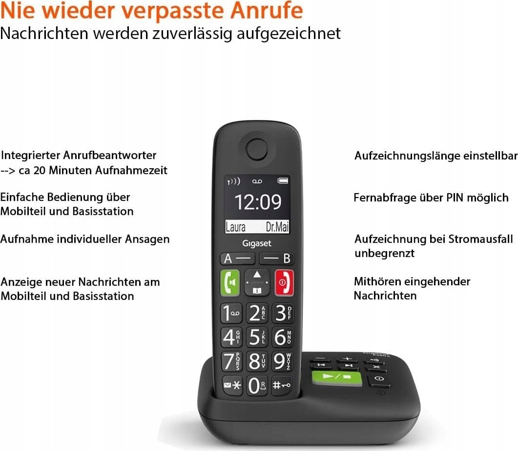 Telefon fiks me kabllo Gigaset E290A, sekretari digjitale, ekran i madh, i zi