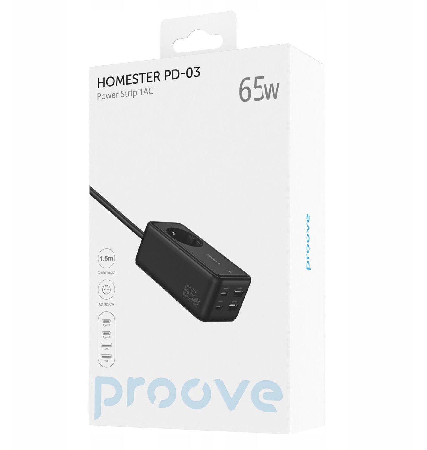 Zgjatues me prizë Proove Homester PD-03, 2x USB, 2x USB-C 65W, kabllo 1.5m, i bardhë