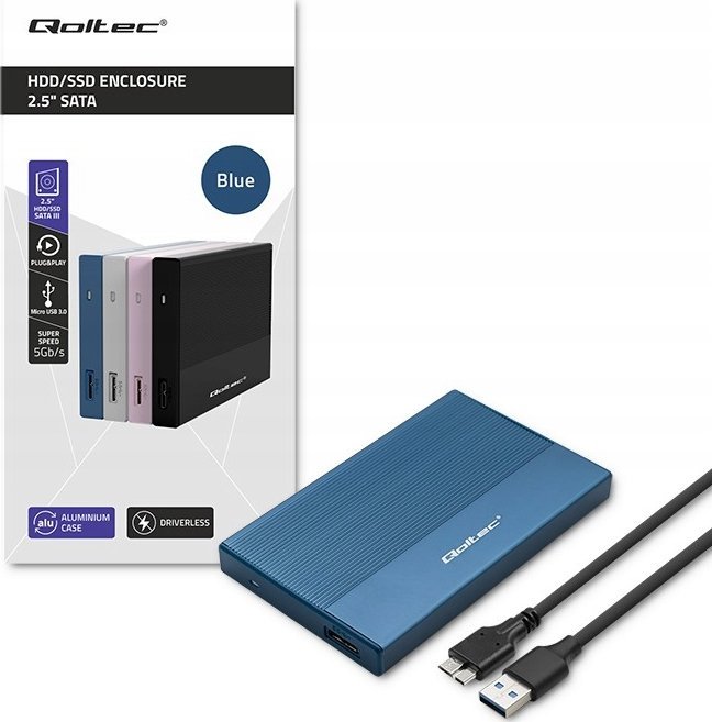 Kuti e jashtme Qoltec Enclosure Pocket, për SSD HDD 2.5", USB 3.0, deri 2TB, blu