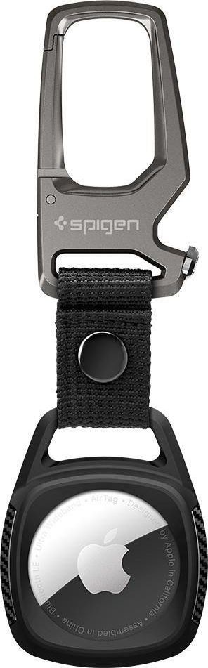 Mbajtëse Spigen Rugged Armor për Apple AirTag, silikon TPU, me karabinë, e zezë mat