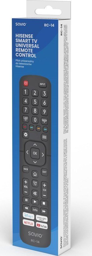 Telekomandë universale Savio RC-14 për TV Hisense, infra të kuqe, butona mekanikë, e zezë