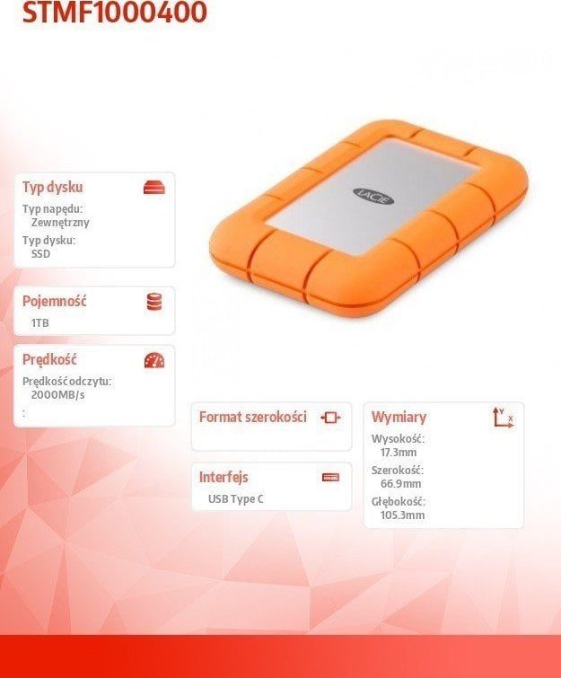 Надворешен ССД LaCie Rugged Mini 1TB, USB C, сребрено-портокалов