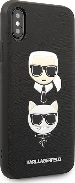 Mbulesë telefoni Karl Lagerfeld KLHCPXSAKICKCBK, për iPhone X XS, hardcase Saffiano Ikonik Karl dhe Choupette, e zezë