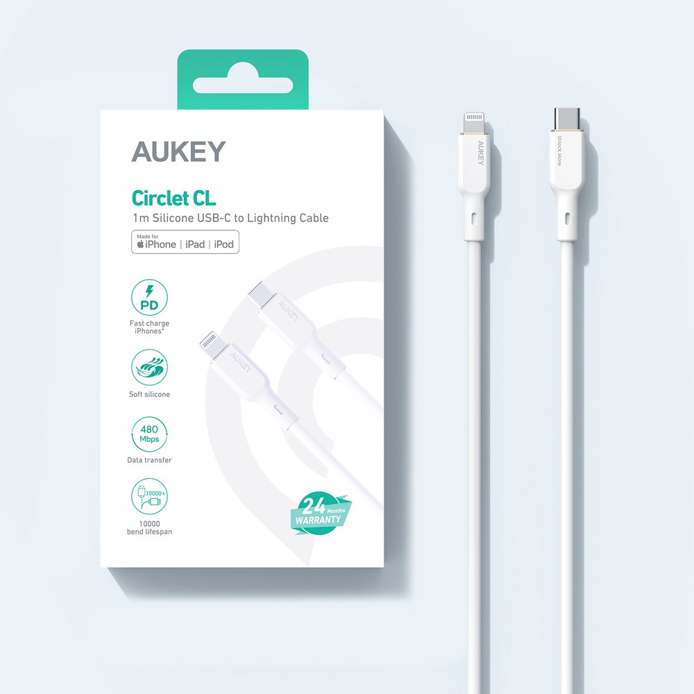 Kabllo Aukey, Lightning / USB C, 1.8 m, e bardhë, e zezë