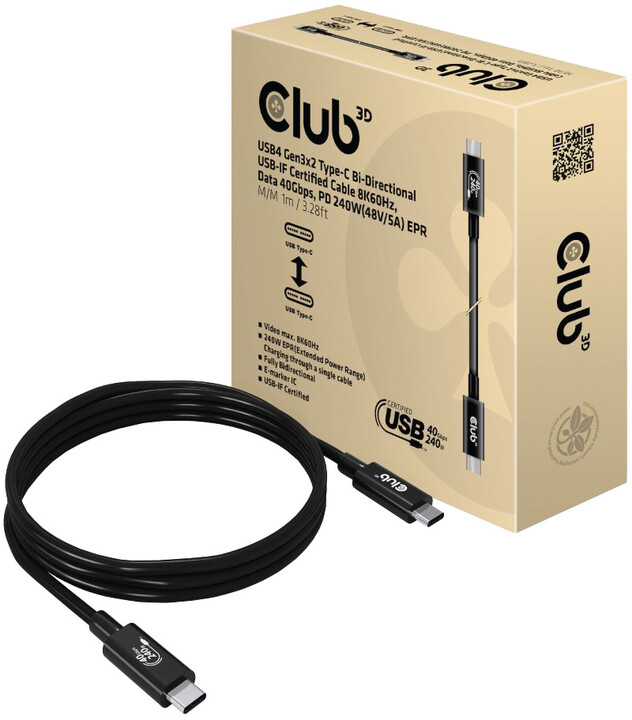 Кабел Club3D USB-C, Data 40Gbps, PD 240W(48V/5A) EPR, M/M, 1m