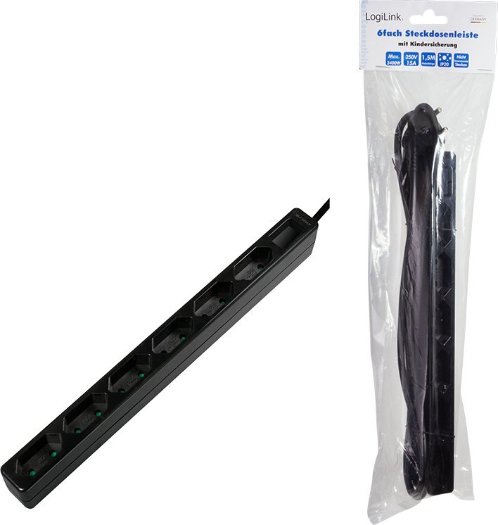 Rregletë zgjatuese LogiLink LPS231B, 6 dalje AC, 1.5m, e zezë