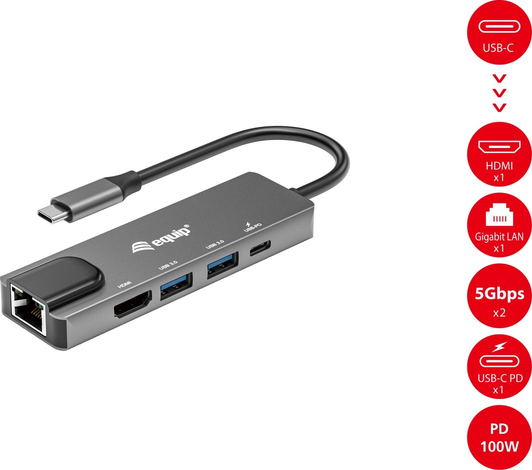 Adaptor USB C Equip 133489 5 në 1, HDMI, Gigabit LAN, 100W USB PD, gri