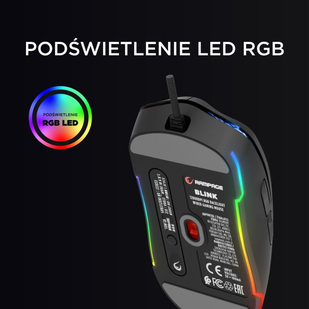 Сет 2 парчиња гејминг глушец Rampage Blink, USB, 12800 DPI, RGB, црн