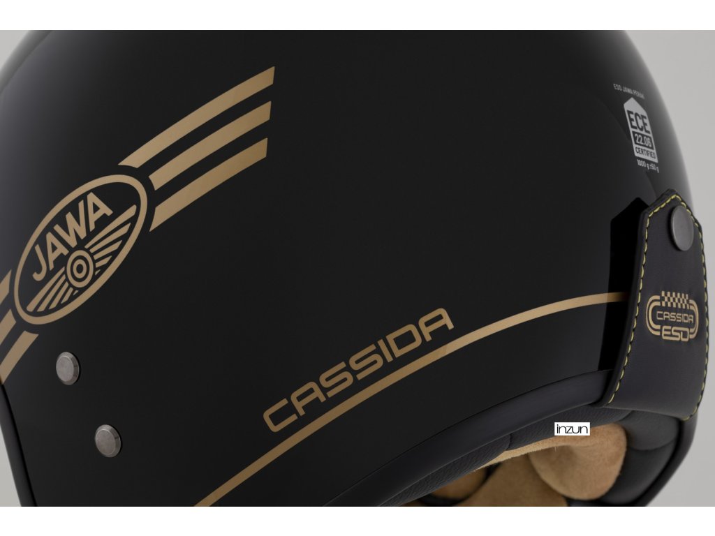Helmetë moto CASSIDA ESO Jawa Pérák 2026, fibra xhami, black pearl gold