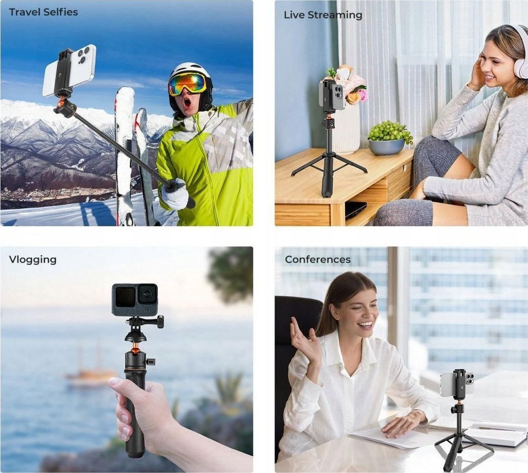 Shkop selfie tripod K&amp;F Concept 60cm, me telekomandë Bluetooth, për telefon dhe GoPro, i zi