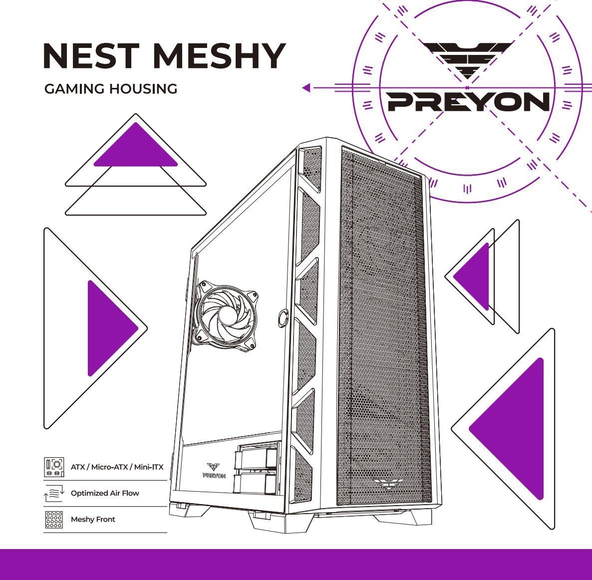 Кутиште за компјутер PREYON Nest Meshy PRENM02B, Midi Tower, страничен панел со прозорец, црно