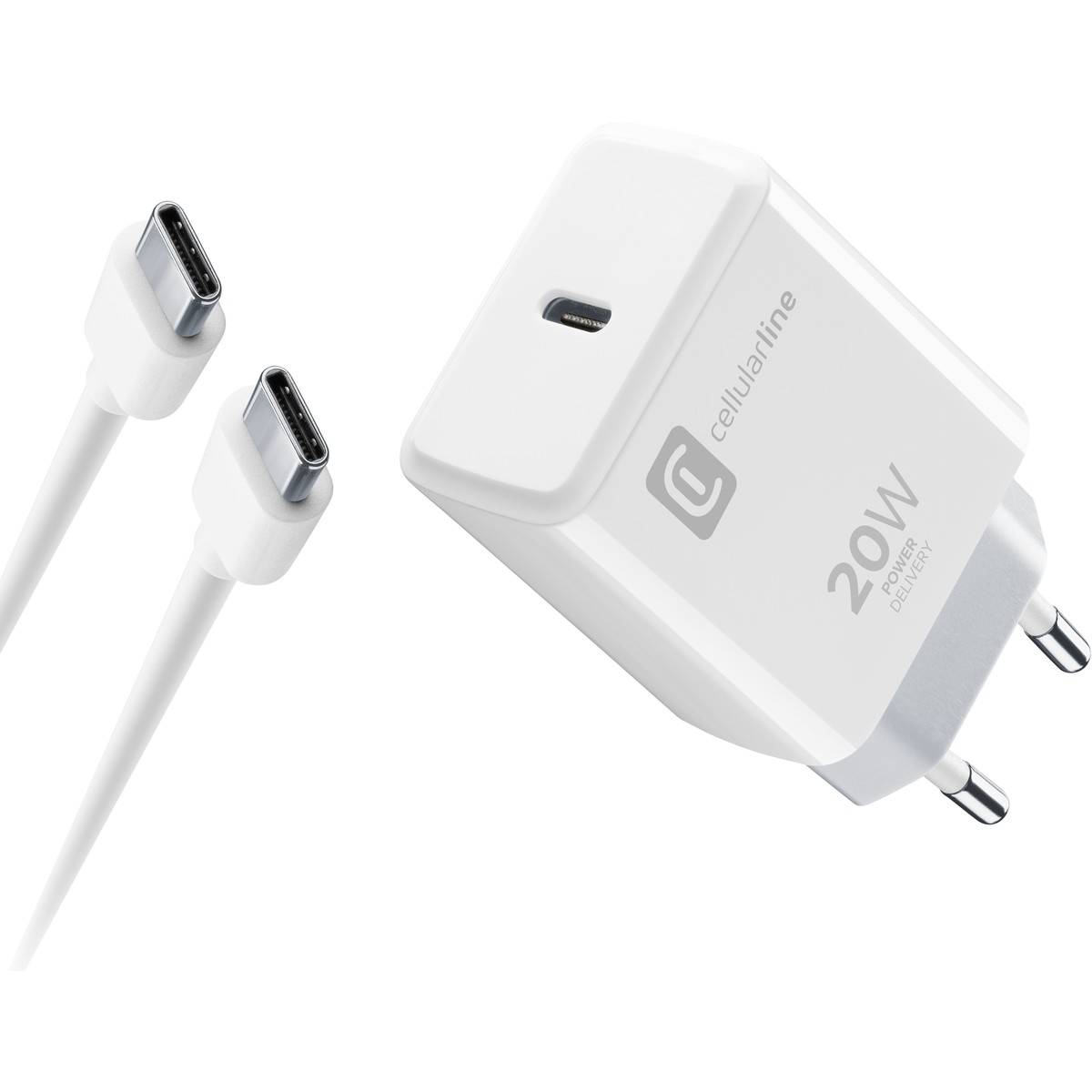 Set karikimi Cellularline USB-C C2C, 20W, + kabllo USB-C, i bardhë