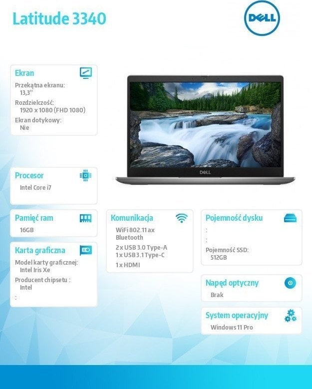 Лаптоп Dell Latitude 3340, 13.3", Intel Core i7-1355U, 16GB RAM, 512GB SSD