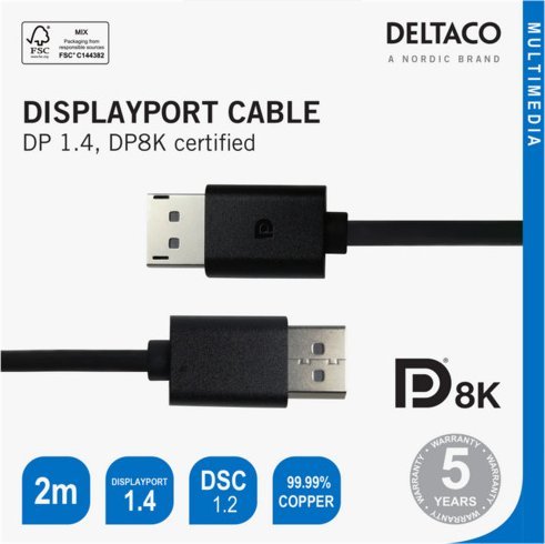 Видео кабел Deltaco DP8K-1020-K, DisplayPort 1.4, 2m, црн