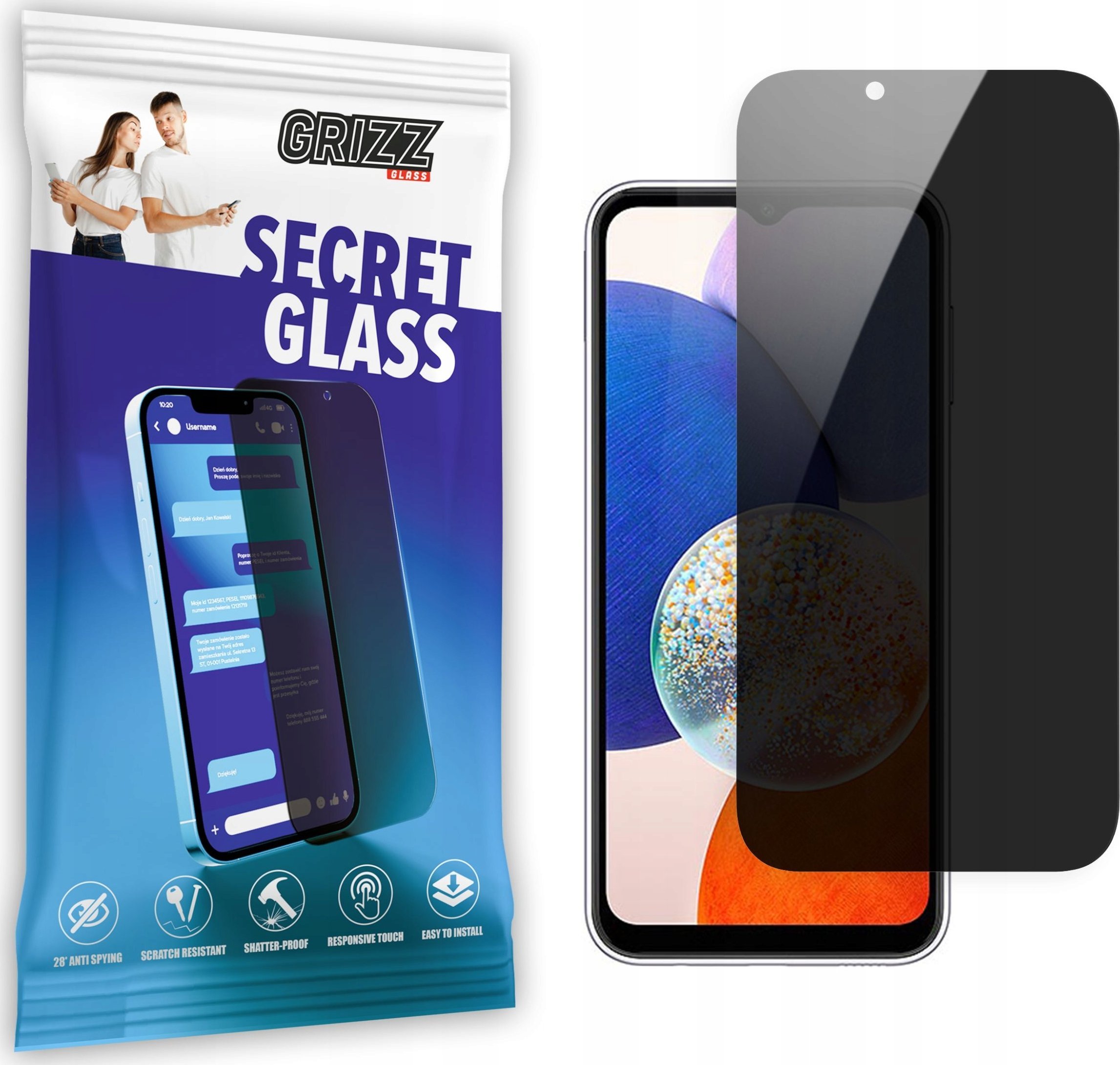 Xham mbrojtës privatësie Grizz SecretGlass për Samsung Galaxy A13 5G, qelq i temperuar, përshtatje precize, transparent