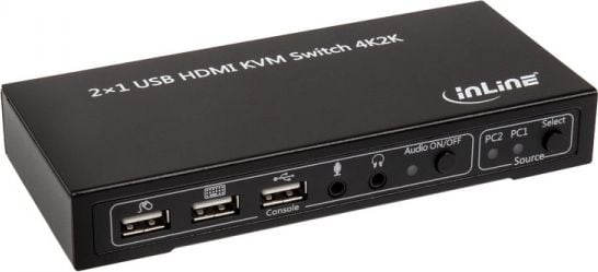 КВМ прекинувач InLine 2x1, HDMI 4K, USB 2.0, црн