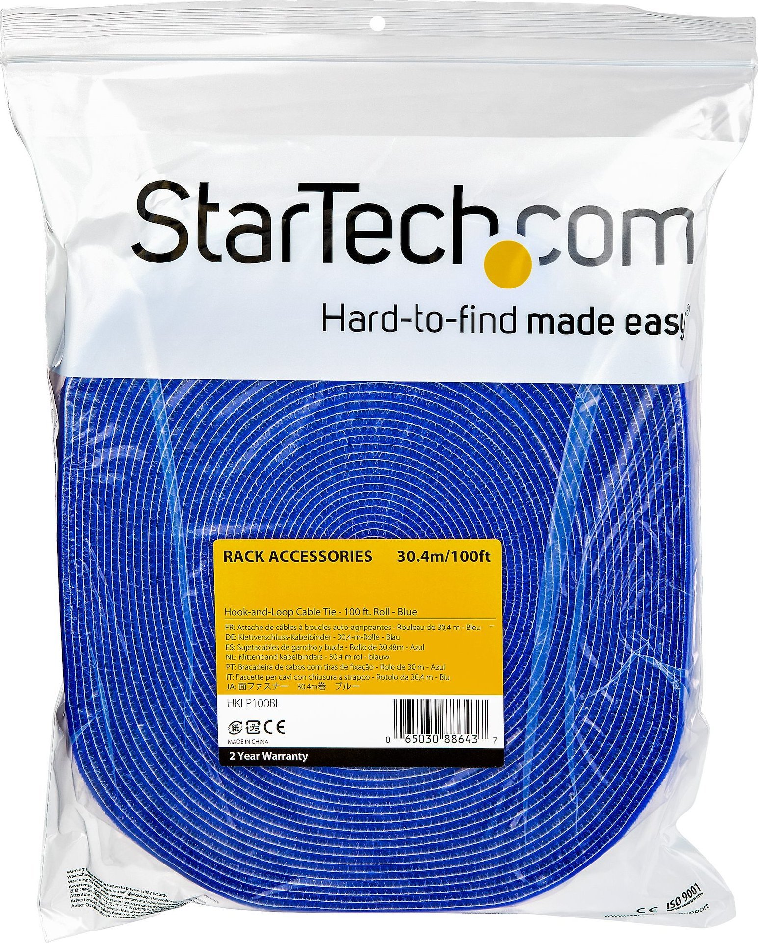 Rrip kabllosh StarTech.com Hook and Loop, 100ft, tekstil i rregullueshëm, blu