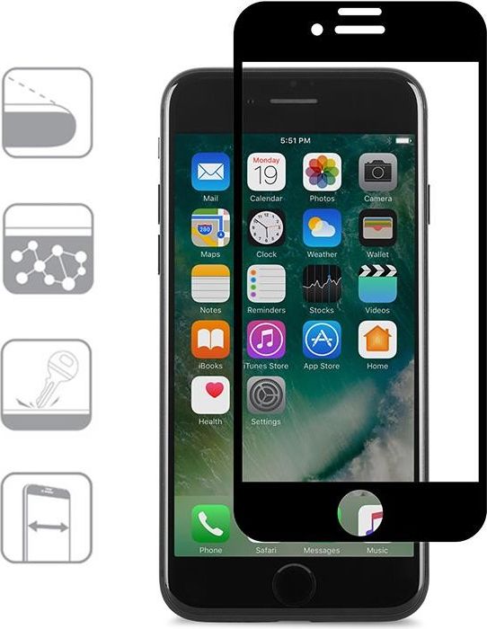 Xham mbrojtës Moshi IonGlass për iPhone 8 7 6s 6, ekran i plotë, i zi
