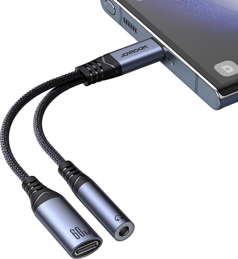 Adapter USB C Joyroom SY C02, 2 në 1, 1x USB C 60W, 1x Jack 3.5 mm, i zi