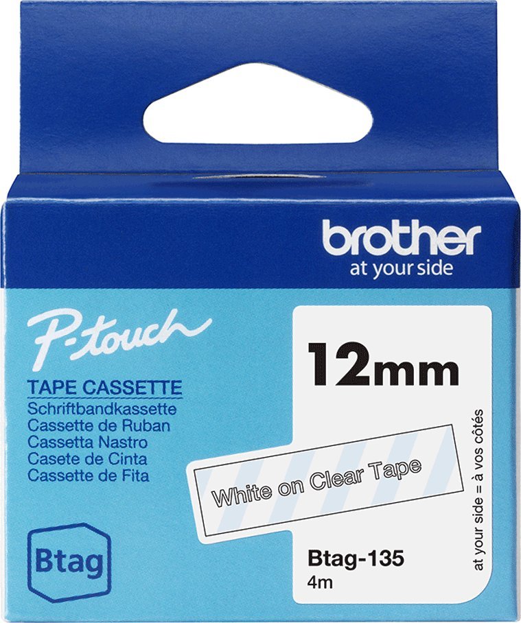 Лента за етикетирање Brother BTAG-135, 12mm, бел текст на проѕирна позадина