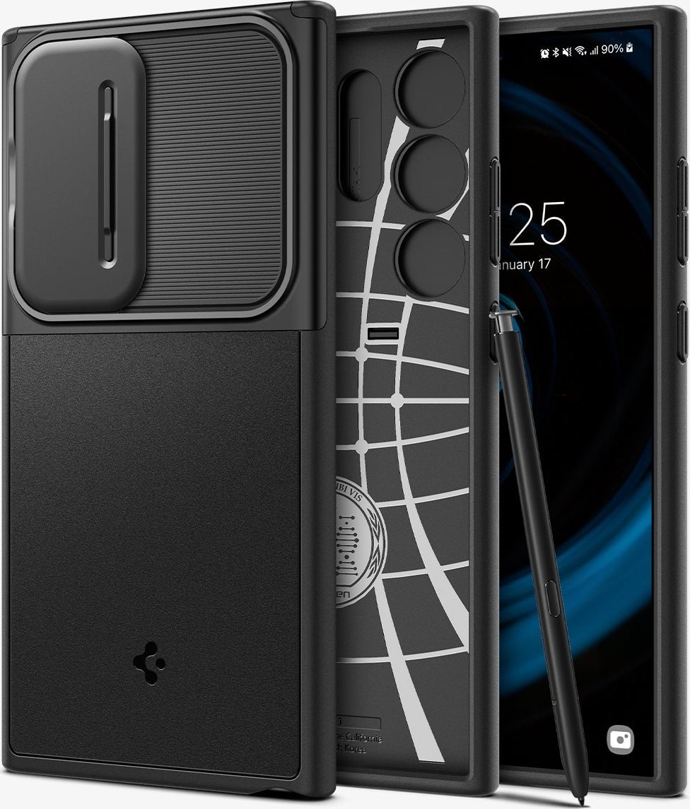 Mbrojtëse telefoni Spigen Optik Armor për Samsung Galaxy S24 Ultra, TPU dhe plastikë e fortë, e zezë