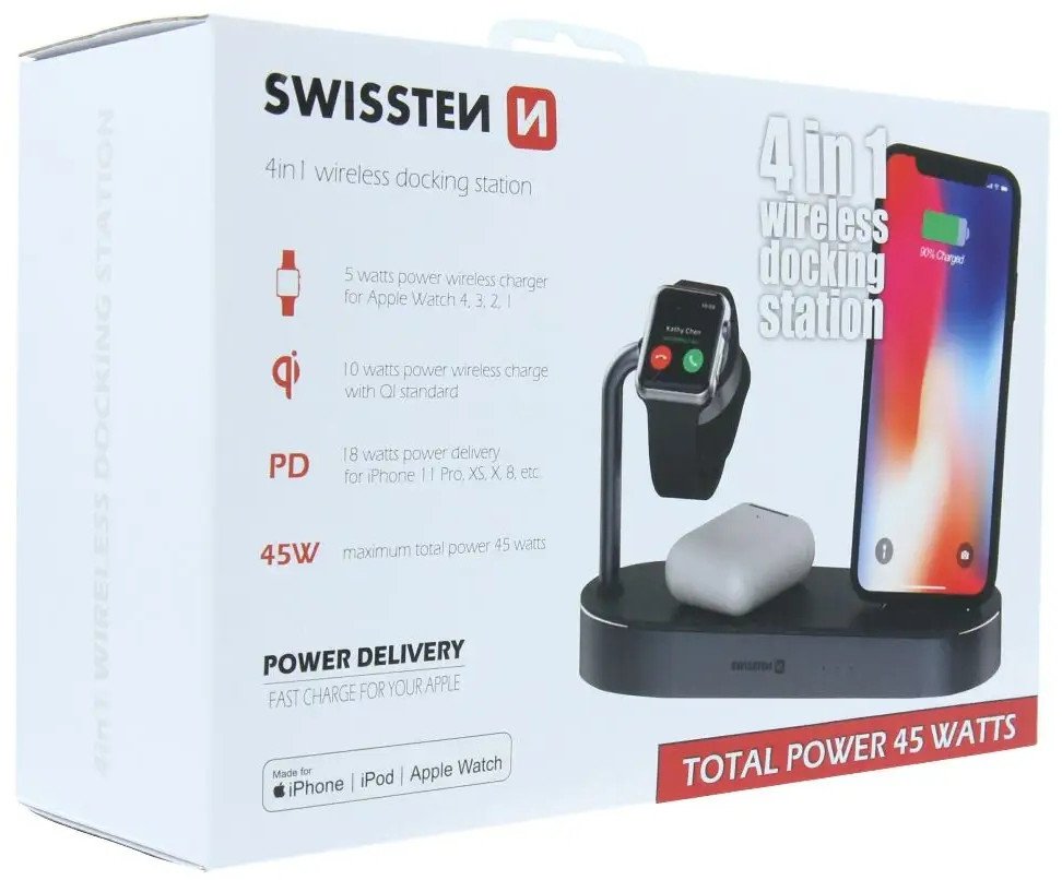 Полнач за автомобил Swissten Wireless 4in1 MFi, 45W, USB Power Delivery, црн