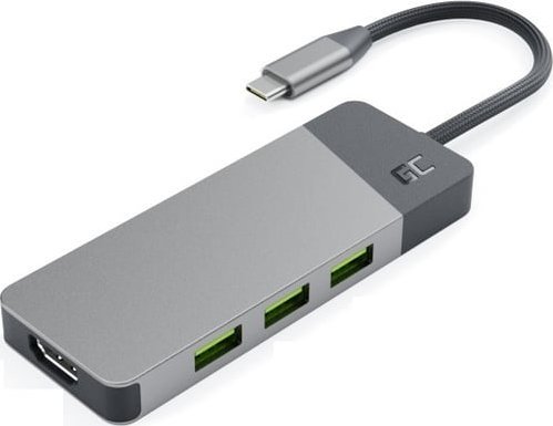 Адаптер USB C Green Cell Connect, хаб 3x USB 3.1, HDMI 4K 60Hz, сив