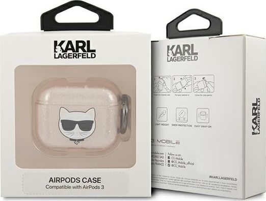 Këllëf mbrojtës Karl Lagerfeld Glitter Choupette KLA3UCHGD për AirPods 3, TPU, bezhë