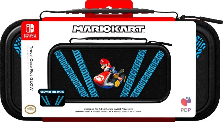 Kuti udhëtimi PDP Travel Case Plus Glow Kart Drift, për Nintendo Switch, me dritë në errësirë, blu e zezë