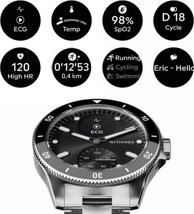 Ora smartwatch Withings ScanWatch Nova 42mm, 10 ATM, çelik inoks, e zezë