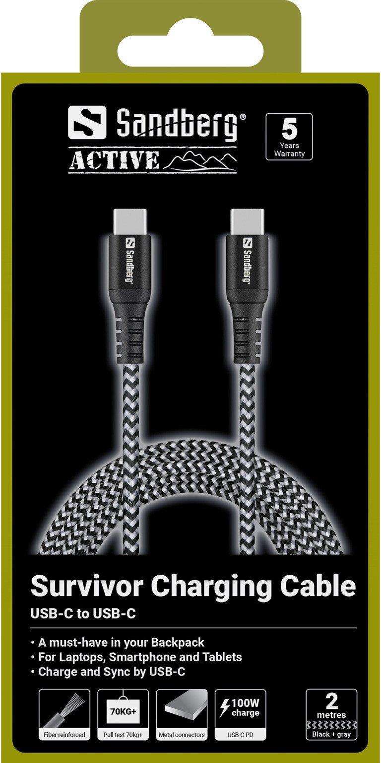 Кабел за полнење Sandberg Survivor USB C, 2m, 100W, црн