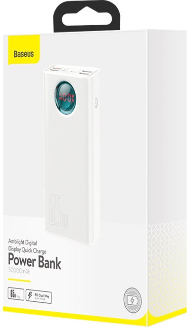 Power bank Baseus со дигитален дисплеј Ambilight Overseas Edition, 30000mAh, QC, црн + USB-C кабел 100W, 1m, бел