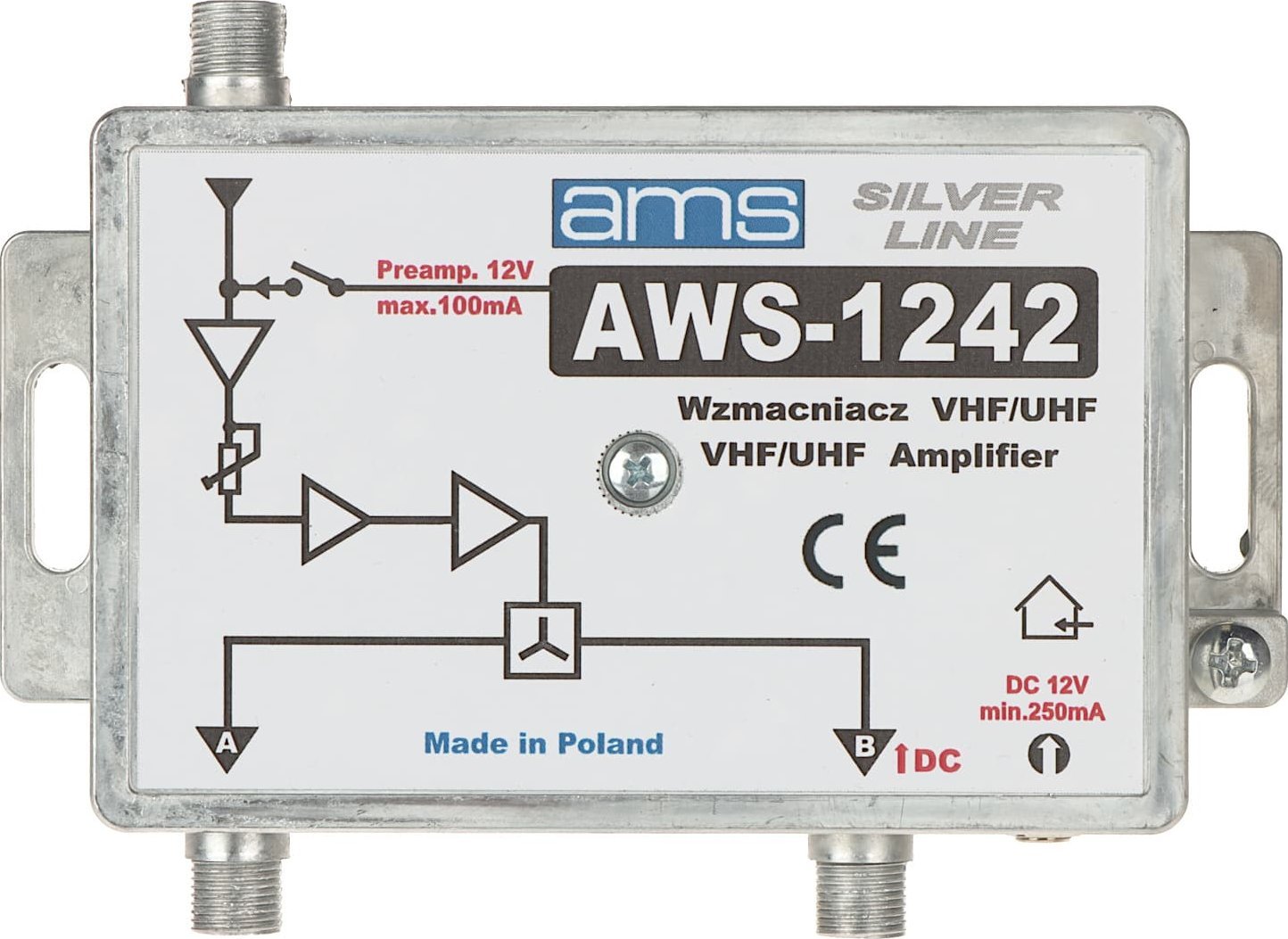 Amplifikator antene AMS AWS-1242, 1 hyrje 2 dalje, 87–790 MHz, gri