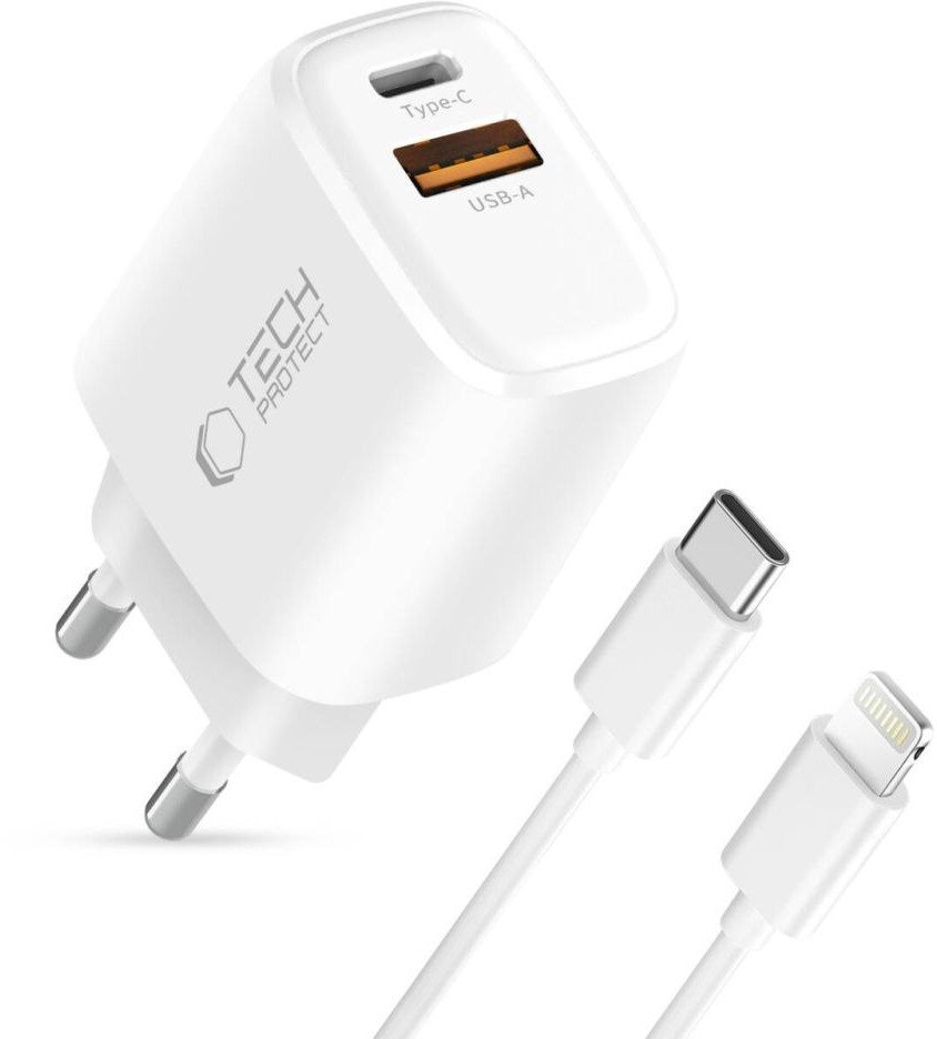 Karikues muri Tech-Protect NCA20, 20W PD QC3.0, USB-A USB-C, me kabllo USB-C në Lightning, i bardhë