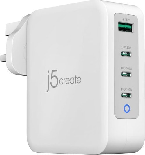 Karikues murale J5create JUP43130F-FN, 130W GaN, 3x USB-C 1x USB-A, gri e bardhë