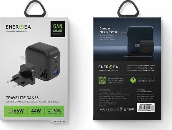 Karikues rrjeti Energea Travelite GaN66, 66W, 2x USB C 1x USB A, i zi