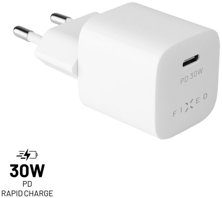 Karikues FIXED Mini USB-C, PD, 30W, bardhë