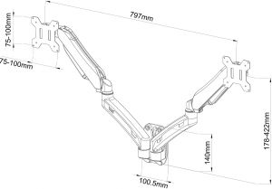 Mbajtëse muri për monitorë Art RAMART L-14GW, 2 monitorë 13"–27", rrotullim 360°, e zezë