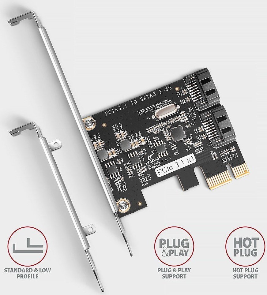 Kartë kontrolluese PCIe Axagon PCES-SJ2, 2x SATA 6 Gb/s, chipset JMB582, me kllapë standarde dhe low profile